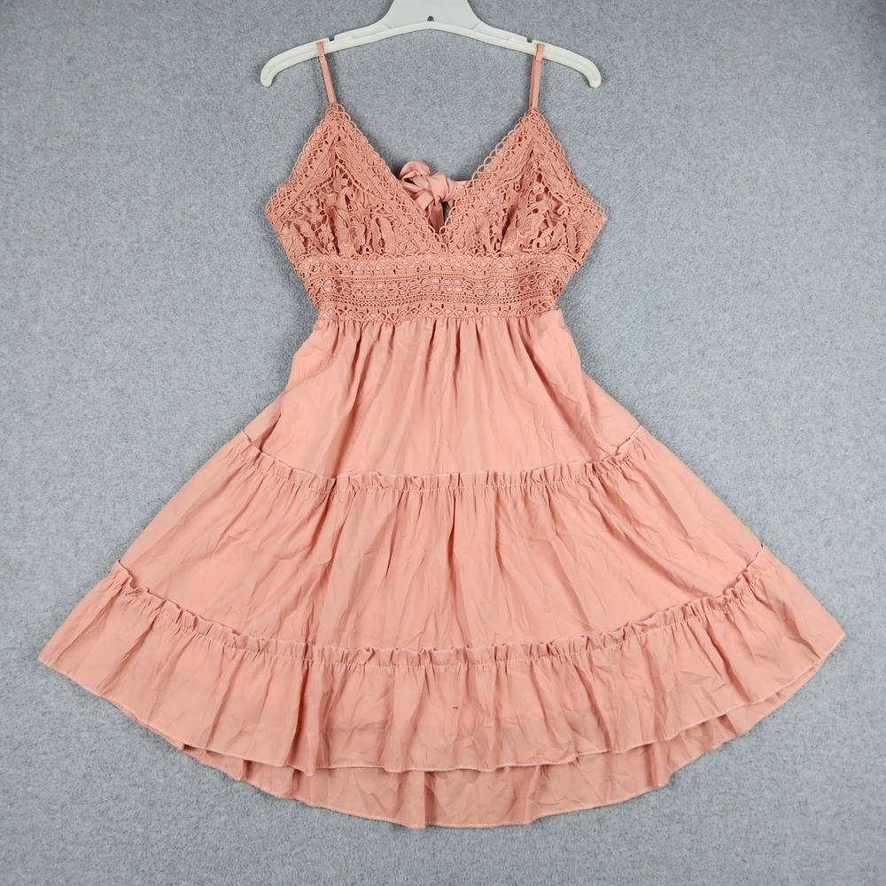 Ecowish Tiered Mini Sundress Women M Dusty Rose Crochet Lace Bodice Bow-Tie Back